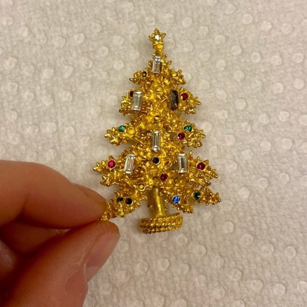 Y2K Vintage Signed Original by Robert Gold Tone Christmas Tree Brooch Rhinestone - Picture 6 of 7
